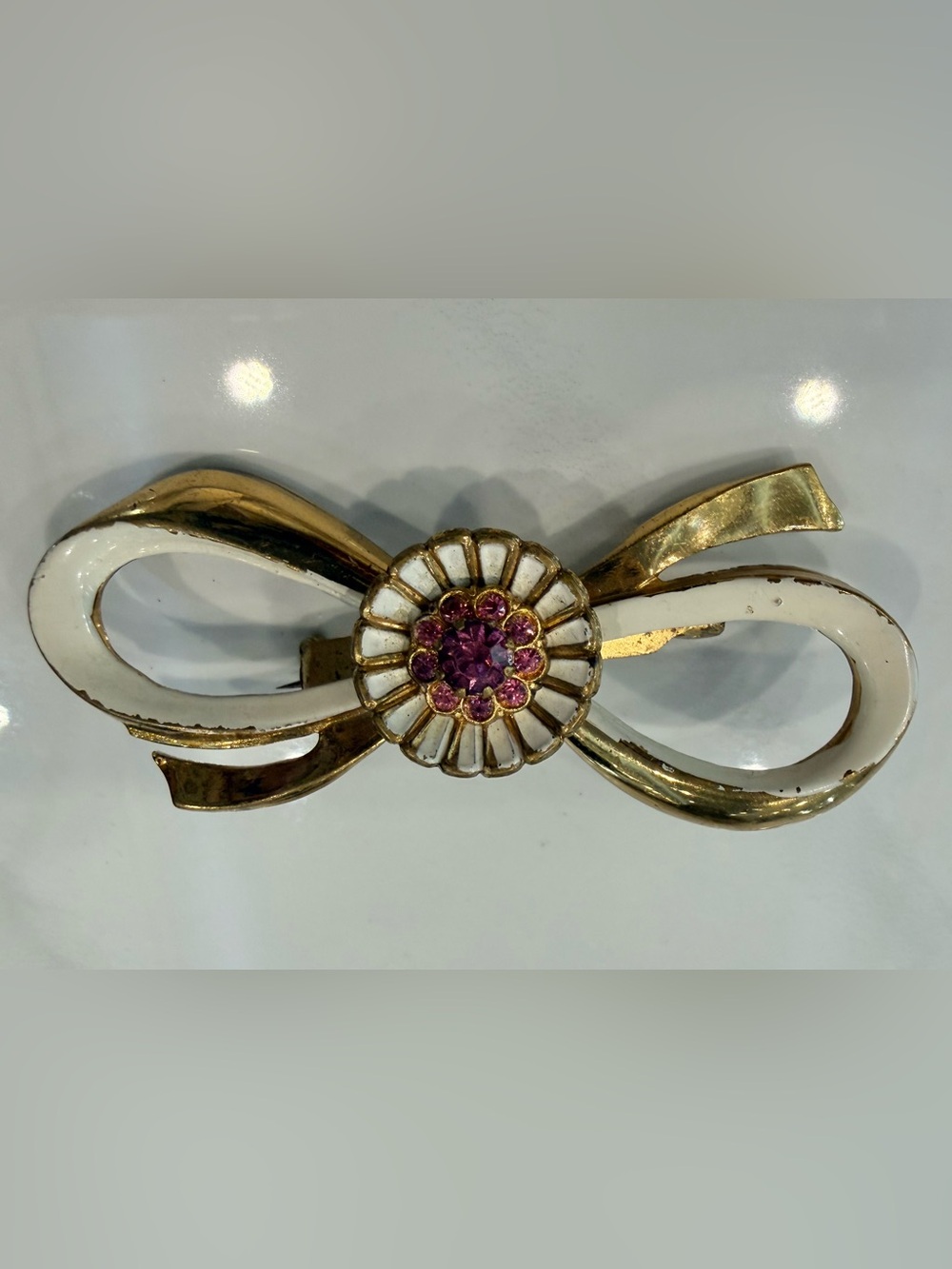 Coro Vintage Bow Brooch with White Enamel & Pink Rhinestone Flower